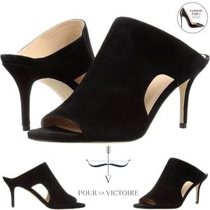 Pour La Victoire Black Suede Leather Zandra Mule Stiletto Heel Pump Sandal Shoes